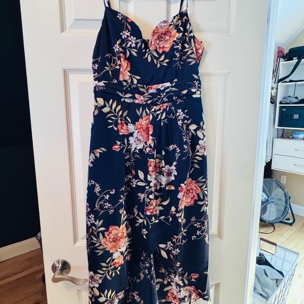 Lulu's Navy Floral Midi with Coral-Peach Blooms